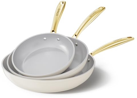Sanho 3-Piece Nonstick Frying Pan Set with Diamond-Titanium Ceramic Coating, PFAS/PFOA Free - 8, 10 & 12 Inch Skillets - Oven & Dishwasher Safe, Induction Compatible, Cool Touch PVD Handle