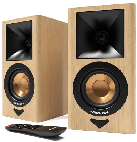 AZATOM CX2 Bookshelf Speakers 60W RMS | Bluetooth | 3” Graphite compound Woofer & Horn Silk Tweeter | 24bit DAC | Remote Control. Perfect for Computer Gaming, Turntable, HiFi, Home Theatre (OAK)