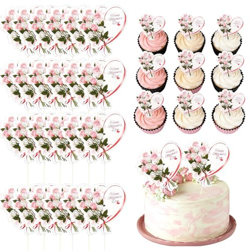 Solihigh 24Pcs Happy Mothers Day Cupcake Toppers, Love Heart Mother's Day Cupcake Picks Mom Cake Decorations for Happy Mother's Day Theme Women Birthday Party Supplies