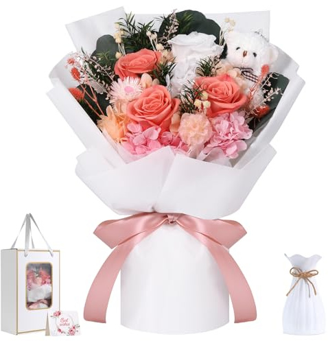 Emibele Fiori per Consegna Prime, Bouquet Fiori Conservati con Orso | 4 Rose Rosa e Bianche Eterne, San Valentino Festa Mamma Compleanno Anniversario Laurea Regali Fiori per Lei Fidanzata Donne