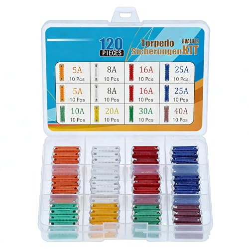 120 Stück KFZ-Sicherungen, Torpedosicherungen, 5 A, 8 A, 10 A, 16 A, 20 A, 25 A, 30 A, 40 A, Keramiksicherungen mit Metallspitzen, in Aufbewahrungsbox, kompatibel mit alten europäischen Autos und