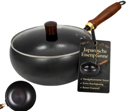 Generisch Japanische Eisenpfanne, 2026 Upgrade Handgefertigte Eisenpfanne 20/24/26/28/30 cm, Unbeschichtete Antihaft-Eisenpfanne Mit DeckelGeeignet für Induktions- und Gasherde (Glasdeckel, 28cm)