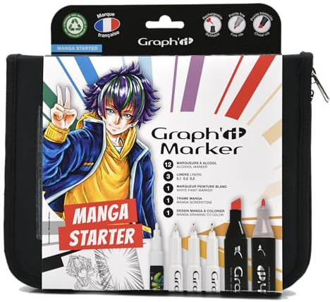 GRAPH’IT Marker trousse Essentiels Manga de 12 marqueurs à alcool double pointe pour dessin de manga et illustration, pointe fine et biseautée +3 liners noirs +1 marqueur blanc +1 trame manga A6