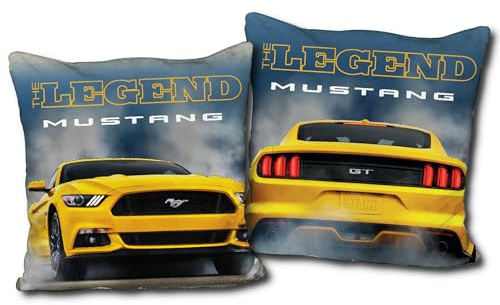 Ford Mustang Kissen Legend Gelb / Blau 40 cm x 40 cm Auto-Kissen Reisekissen Pony US Muscle Car Dekokissen Zierkissen Kopfkissen Polster Shelby GT Stang Fastback Kuschelkissen pass. zur Bettwäsche