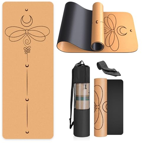 Haninj Tappetino da Yoga in Sughero Antiscivolo - Materassino Fitness per Sport Pilates Ginnastica183X61Cm con Tracolla e sacca,per Casa, Pilates, Aerobica, Palestra E Allenamento－Black dragonfly