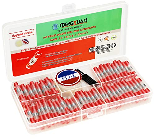 DINGYUAN 160 PCS Solder Seal Wire Connectors with Solder Paste, Low Melting Point Heat Shrink Butt Splice Terminals, Waterproof Electrical Insulated Sleeves (Red, 22-18 AWG / 0.5-1.0mm²)