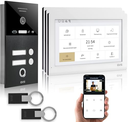 GVS Video Türsprechanlage 2-Familienhaus - RFID + Fingerprint - 3X 10 Zoll | Smarte Video Türklingel mit Kamera und Monitor & App - Gegensprechanlage mit Türöffner, RFID & Fingerprint (AVS5450U)