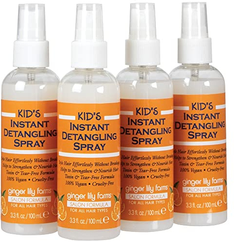 Ginger Lily Farms Salon Formula Kid’s Instant Detangling Spray, Tear-Free Formula, Hair Detangler Spray for Kids, 100% Vegan & Cruelty-Free, 3.3 oz (Pack of 4)