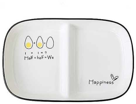 OnePine Assiette Controle de Portion Porcelaine, Assiette Divisée en 2 Regime, Assiette Compartiment Céramique pour Salade, Dessert, Nouille, Bifteck, Petit déjeuner, Longueur: 9.64 inch