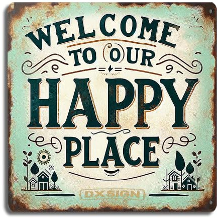 Rustikales Willkommensschild, 20,3 x 20,3 cm, Shabby-Chic-Metall-Blechschild, Dekoration, Vintage-Schild Welcome to Our Happy Place, ideal für Hauseingang, Wohnzimmer, Café und Garten,