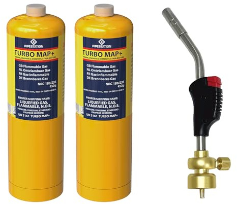 Pipestation Mapp Gas Canister | Map Plus Gas Bottle Cylinder for Propane Blow Torch Plumbing Blowtorch | Map Gas Cartridge for Gas Torch | Gas for Blow Torch (Trigger Torch + 2X Mapp Cylinders)
