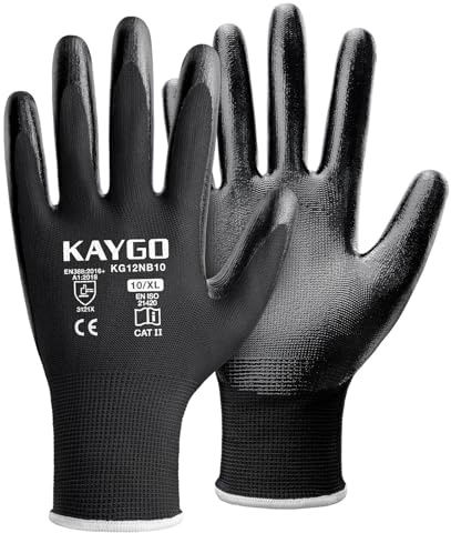 KAYGO Arbeitshandschuhe Nitril beschichtet, 12 Paar Flexibel Schutzhandschuhe mit gutem Grip für Herren Damen, ideal für Allgemeine Arbeit Bau Lager Auto Garten Montage, KG12N (Schwarz, XL, Gr 10)