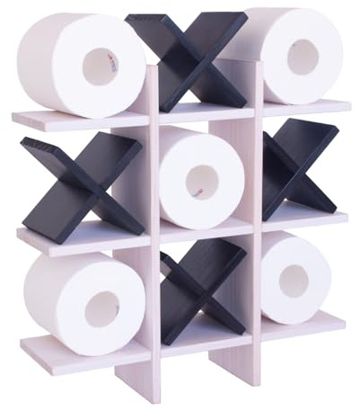 DAOYOUSKY Tic Tac Toe Toilet Paper Holder Stand with 4pcs Wooden X, Farmhouse Rustic Wall Mounted Funny Toilet Papers Storage Organizer with Shelf, Guest Bathroom Decor, White and Black