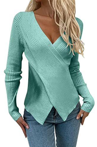 Uwdiohq Early Prime Big Deal Maglione Lavorato A Maglia Pullover Tinta Unita A Maniche Lunghe con Scollo A V Donna Vestito Attillato Scollato Estiva Tiktok Trend Items
