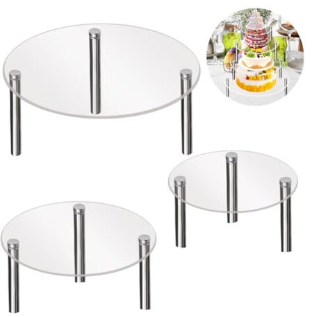 Glorlliant Lot de 3 Présentoirs à Gâteaux Transparents, 15cm + 20cm + 30cm Support Gâteaux Rond avec Pieds en Métal Résistant à la Chaleur Réutilisable pour Pâtisseries, Apéritifs, Buffet