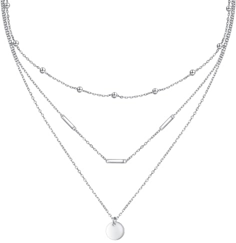 HOOHWE Layered Halskette 925 Sterling Silber Dreifach 3 Stapelt Layering Halsketten Mehrschichtige Halskette Dreifach 3 Ketten Halskette Lange Kette Schmuck Geschenke für Frauen