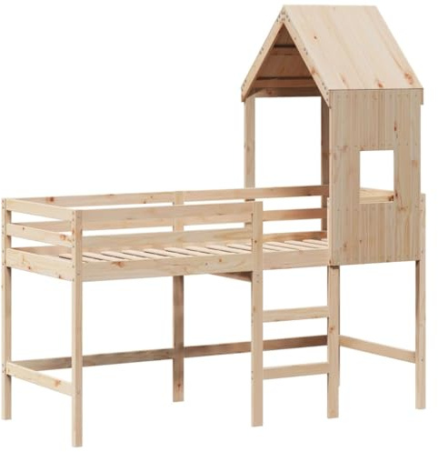 vidaXL Hochbett, Kinderbett mit Leiter Dach Sicherheitsgeländer, Spielbett für Kinderzimmer, Bett Holzbett Einzelbett, 90x200cm Massivholz Kiefer