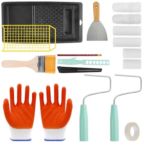 UBERMing 17 Pezzi Rullo per Pittura Kit, 6 Pcs Rulli per Verniciare con 2 Supporto per Rullo Pittura 1 Vassoio per Vernice Agitatore per Vernice Pennelli Spatole e Altri Accessori