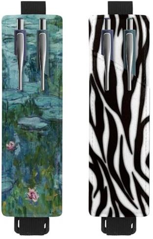 Eslifey 2 Pack Portable Pen Holder, Monet Painting Water Lilies Pencil Holder, Pen Sleeve Case Pouch Hold 2 or 3 Pens, Adjustable Elastic Band, Detachable