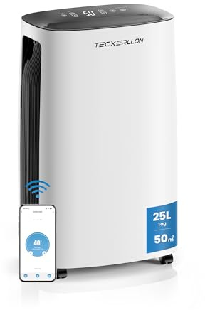 TECXERLLON Deshumidificador Eléctrico 25L, 50㎡(150m³), con App y Panel Táctil, Depósito 3,7L, Drenaje por Manguera, Silencioso 47dB, Temporizador 24H, Seguro Infantil, 3 Años de Garantía