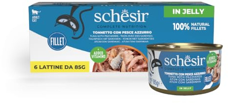 Schesir, Thon avec Poisson Bleu en gelée, Nourriture Humide complète pour Chats, en Conserve, avec des vitamines supplémentaires, 100% Naturel, 6 x 85 g