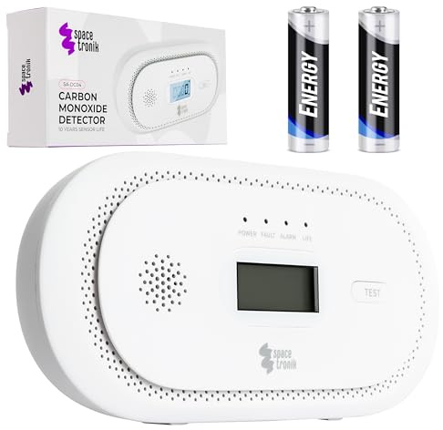 Spacetronik Kohlenmonoxid Melder, Batteriebetrieben 2X AA, CO-Melder mit LCD Display & 85 dB Alarm, 10 Jahre Lebensdauer, Elektrochemischer Sensor, EN 50291, CO Warner für Haus, Garage, Wohnmobil