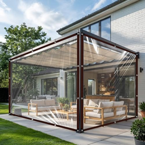 Tarpaulin Waterproof Transparent with Eyelets, Transparent Tarpaulin for Outdoor Use, Balcony Rain Cover, Tarpaulin Garden Furniture, for Outdoor Use, Rainproof, with Tie Rope, 3 m x 2.5 m