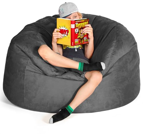 Green Bean Jumbo Max Riesensitzsack mit Memory-Schaum Flockenfüllung – Sitzsack XXL aus flauschigem Velours in 4ft (120x70cm) Dunkelgrau – Indoor Lounge-Sitzsack waschbar & gemütlich