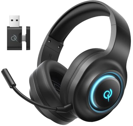 QCY HEROAD V200 Gaming Headset,2.4GHz Wireless Headset mit mikrofon für PS5,PS4,PC,Switch,Abnehmbares Noise Cancelling mit Mikro,7.1 Surround Sound,240 Stunden Akkulaufzeit,RGB Lichter