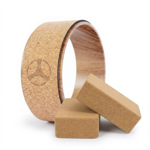 RISINGFIT Kork-Yogarad & 2 Korkblöcke im Set | Extra feste, hochdichte Naturkorkblöcke für optimalen Halt und Balance | Umweltfreundliches Yoga- und Pilates-Zubehör für Anfänger und Profis