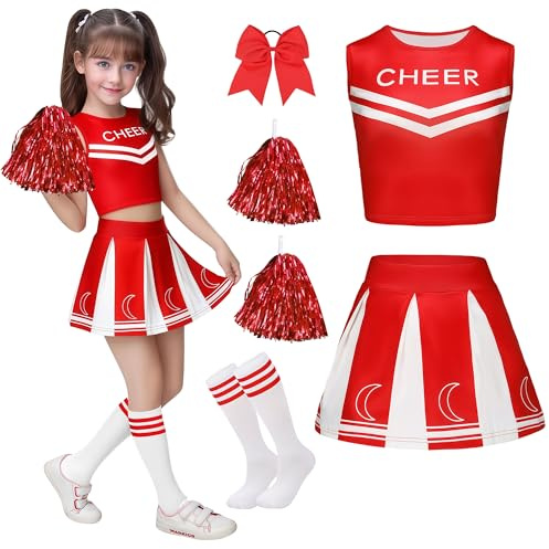 XFOZDM Cheerleader Kostüm Kinder Cheerleader Kostüm Mädchen Cheerleading Uniform Kleid mit Haargummi Pompoms und Socken Cheer Leader Outfit Kinder Faschingskostüme für Karneval Halloween Cosplay