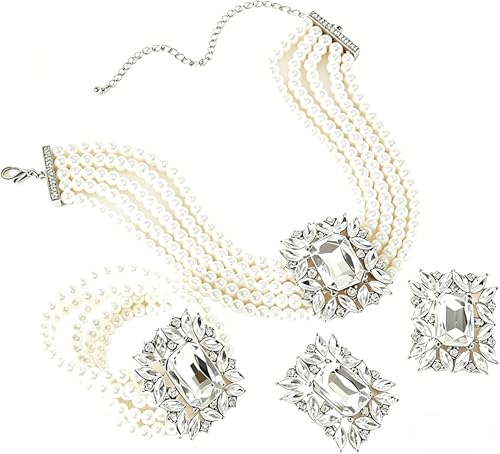 XVICO Damen Schmuck Set 3-teilig: Mehrschichtige Perlen Halskette + Ohrringe + Armband - Nickelarm Alloy Design, Passend für Alltags & Festliche Anlässe (Hochzeit, Gala, Party)