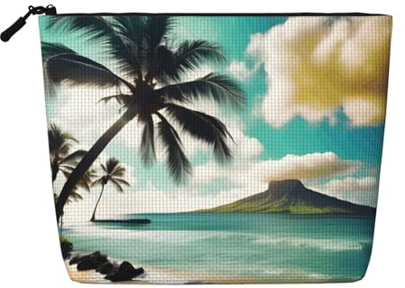 DRTGEDS Tropical Beach Palms Daily Pouch Cosmetic Bag Fake Hemp Large Organizer For Travel Toiletry Water Resistant
