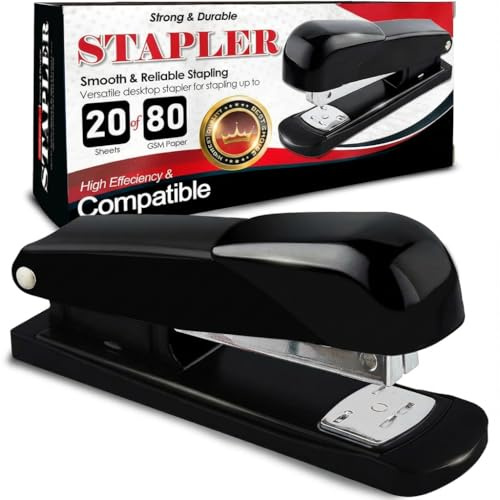 AIBULO Black Office Stapler 20 Sheet Capacity – Compact Desktop Stapler with Non-Slip Base – Small Manual Stapler for Home Office School Stationery Supplies – Uses 24/6 & 26/6 Staples