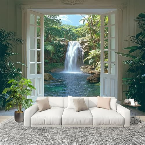 Fotográfico 3D HD No Tejido Cascada Natural PanoráMica ExtraíBle Papel Pintado Fotomural 200×140 cm Verde Resistente al agua y a las manchas Fácil Instalación Murales Panorámicos