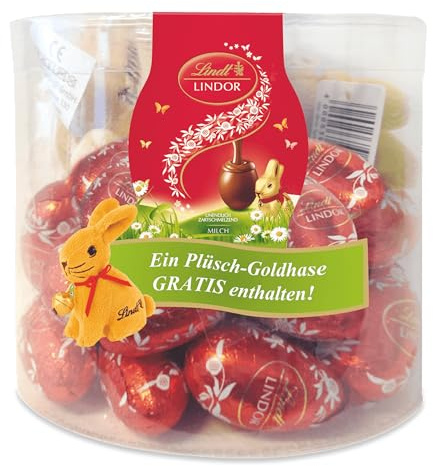 Lindt LINDOR Eier Vollmilch | 450g Paket mit Schokoeiern | Zartschmelzende Vollmilch-Schokolade mit Füllung | Inkl. Plüsch-Osterhase | Osterschokolade | Geschenkidee zu Ostern