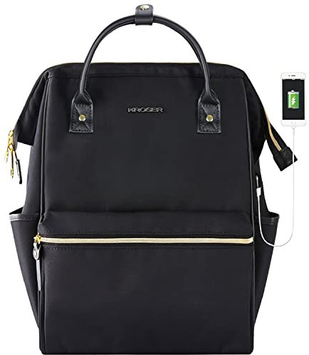 KROSER Laptop Backpack 15.6 Inch Computer Rucksack Water Repellent Wide Open College Travel Business Work Bag with USB Port for Men/Women-Black