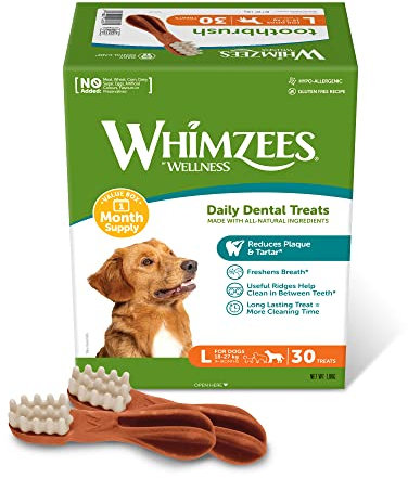 WHIMZEES By Wellness Toothbrush, Month Box, Natural and Grain-Free Dog Chews, Dog Dental Sticks for Large Breeds, 30 Pieces (One Month Supply), Size L