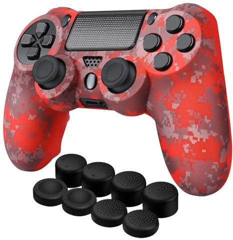 TNP Controller Hülle für PS4, Controller Grip Case für Sony Playstation 4 Wireless Controller, aus Silikon und Gummi, Spielzubehör mit rutschfeste Kappen für PS4 Thumbsticks, Camo Mosaik Rot