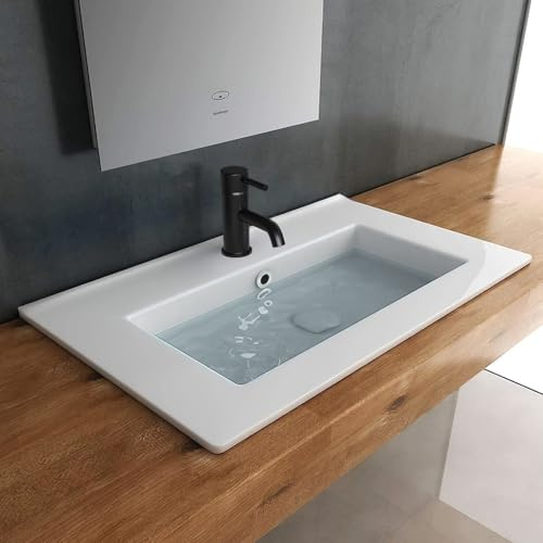 Alpenberger Einbauwaschbecken Waschtisch 60 cm Breit | Keramik Waschbecken Eckig fürs Badezimmer & Gäste-WC | Handwaschbecken Eckig mit Nano Keramikversiegelung | Bad Einbau Waschbecken