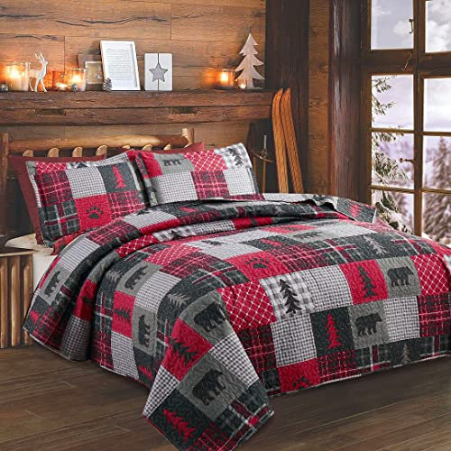Rustikales Steppdecken-Set, karierte Patchwork-Bettwäsche im Landhausstil, wendbare Steppdecken, leichte Tagesdecke, Queensize-Bett