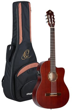 Ortega Guitars Thinline (RCE125MMSN) - Guitarra de concierto electroacústica (cuello fino, incluye funda, caoba)