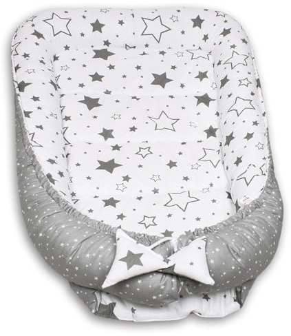 PaLulli 120x60 cm Babynest Babynestchen XXL Babykokon 2seitig 100% Baumwolle Kissen Nestchen für Babybett Reisebett für Baby und Säugling Feathers (Big Stars)