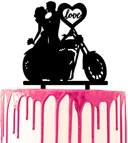 CARISPIBET Hochzeitstortenaufsatz, Motorrad, Bräutigam und Braut, Kuss, Herz mit Liebesschrift, Hochzeitstorte, Acryl, Silhouette, Dekoration