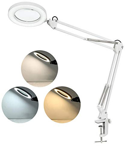 Neoglint Lampe Loupe,Lampe de Travail avec Lentille en Verre de 105 mm 8X,Lampe Loupe de Bureau Dimmable à Mode 3 Couleurs avec Pince Métallique et Bras Pivotant,Convient pour Manucure(Bras Long 35cm)