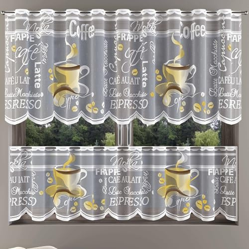 MforStyle Kitchen cafe net curtain COFFEE - WITH COLOURS - Window Decoration - READY TO HANG - HEMMED EDGES - MANY SIZES - (selected curtain: 1 Metre Width, DROP: 20 (50cm) - COLOR)