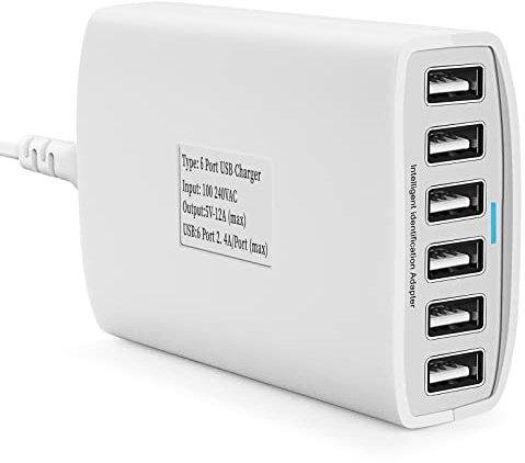 USB Charger 60 Watt 12A 6-Port PowerPort 6 Multi USB Wall Charging Station Multi-Port USB Charger Hub for Apple iPhone/iPad Air/Samsung/Galaxy/Note/LG/HTC/Tablets and More USB Device