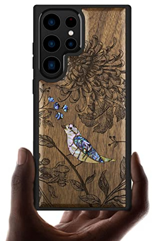 Carveit Designer Wooden Case for Samsung Galaxy S23 Ultra Case Cover [Wood Engraving & Shell Inlay] Compatible with Wireless Chargers Galaxy S23 Ultra Case (Flowers and Bird-Walnut)