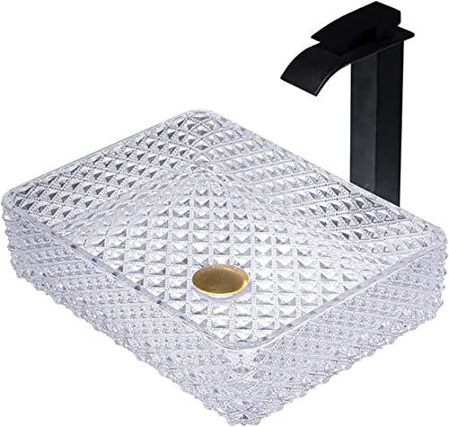 Handwaschbecken Klein Gehärtetes WC Aufsatzwaschbecken Rechteck Transparent Waschtisch Set 430×320×115MM Aufsatz-Waschschale Waschtisch mit Waschbecken Wasserhahn, Pop-up-Abfluss