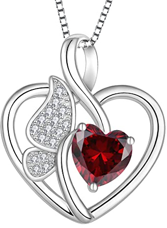 Lwsary Butterfly Necklace 925 Sterling Silver Love Heart Necklace Garnet Pendant January Birthstone Jewelry for Women